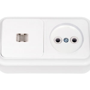 Блок выкл. 1 клав. + розетка (открытая, с/з) со световой индикацией, белая, Пралеска, BYLECTRICA