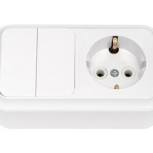 Блок выкл. 2 клав. + розетка (открытая, с/з) белая, Пралеска, BYLECTRICA