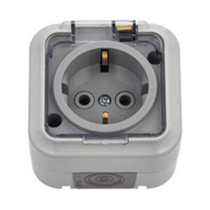 Розетка 1-ая (открытая, с/з, брызг. защ.) серая, Пралеска Аква, Bylectrica