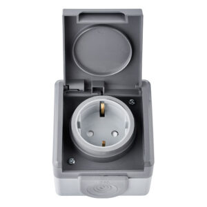 Розетка 1-ая (открытая, с/з, струезащ.) серая, Пралеска Аква, Bylectrica