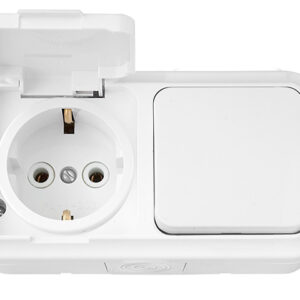Блок выкл. 1 клав. + розетка (открытая, с/з, брызг. защ.) белая, Пралеска Аква, Bylectrica