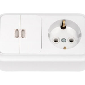 Блок выкл. 2 клав. + розетка (открытая, с/з) со световой индикацией, белая, Пралеска, BYLECTRICA