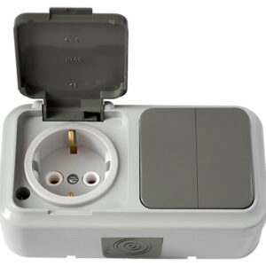 Блок выкл. 2 клав. + розетка (открытая, с/з, брызг. защ.) серая, Пралеска Аква, Bylectrica