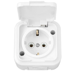 Розетка 1-ая (открытая, с/з, брызг. защ.) белая, Пралеска Аква, Bylectrica