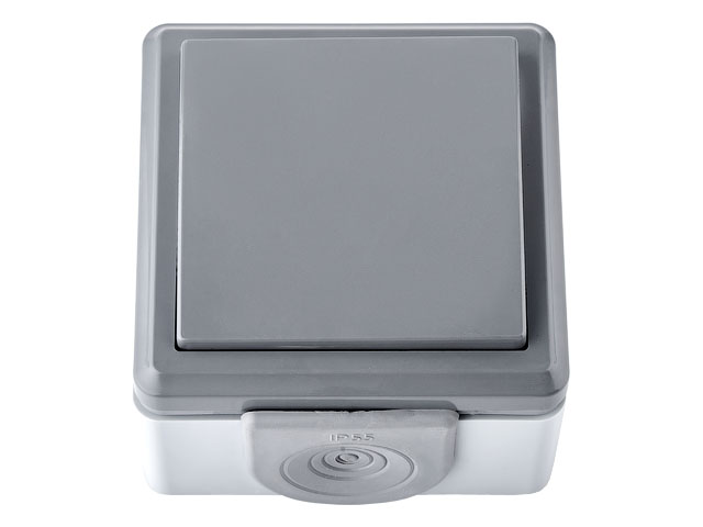 Выключатель 1 клав. (открытый, 10А, струезащ.) серый, Пралеска Аква, BYLECTRICA