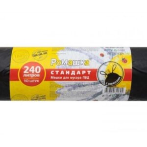 Мешки для мусора с завязками, 240 л, 10 шт, "Стандарт", черные, РОМАШКА