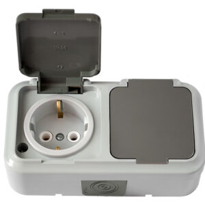Розетка 2-ая (открытая, с/з, брызг. защ.) серая, Пралеска Аква, Bylectrica