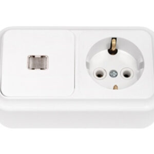 Блок выкл. 1 клав. + розетка (открытая, с/з) со световой индикацией, белая, Пралеска, BYLECTRICA