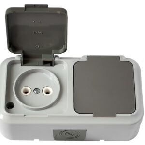Розетка 2-ая (открытая, б/з, брызг. защ.) серая, Пралеска Аква, Bylectrica
