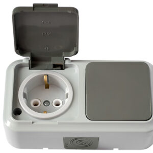 Блок выкл. 1 клав. + розетка (открытая, с/з, брызг. защ.) серая, Пралеска Аква, Bylectrica