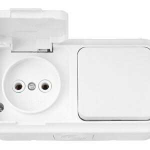 Блок выкл. 1 клав. + розетка (открытая, б/з, брызг. защ.) белая, Пралеска Аква, Bylectrica