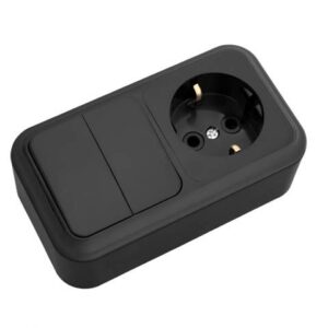 Блок выкл. 2 клав. + розетка (открытая, с/з) черный, Пралеска, BYLECTRICA