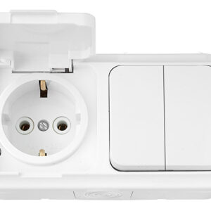 Блок выкл. 2 клав. + розетка (открытая, с/з, брызг. защ.) белая, Пралеска Аква, Bylectrica