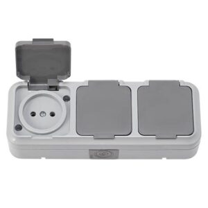 Розетка 3-ая (открытая, б/з, брызг. защ.) серая, Пралеска Аква, Bylectrica