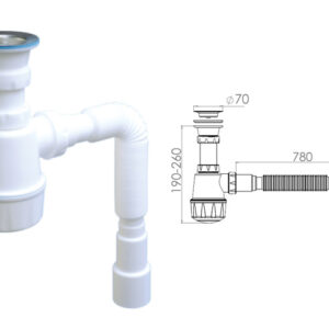 Сифон для кухни с прикручивающимся выпуском 70мм, с гибкой трубой 1 1/2" - 40/50мм, AV Engineering
