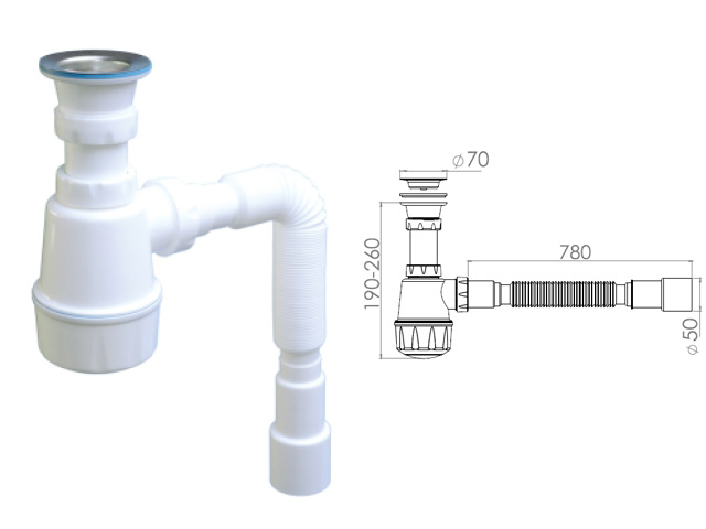 Сифон для кухни с прикручивающимся выпуском 70мм, с гибкой трубой 1 1/2" - 40/50мм, AV Engineering