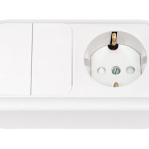 Блок выкл. 2 клав. + розетка (открытая, с/з, со шторками) белая, Пралеска, Bylectrica