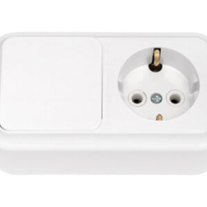 Блок выкл. 1 клав. + розетка (открытая, с/з) белая, Пралеска, BYLECTRICA