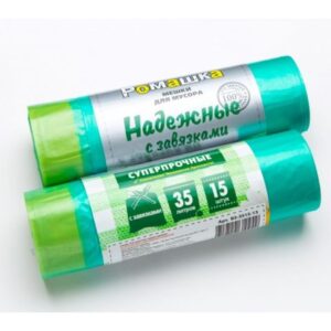 Мешки для мусора с завязками, 35 л, 15 шт, "НАДЕЖНЫЕ", зеленые, РОМАШКА