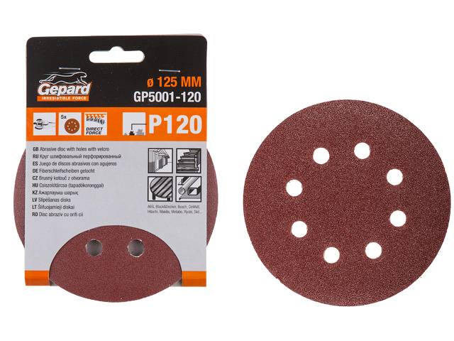 Шлифлист 125мм круг Р320 8 отв. 5шт. GEPARD (GP5001-320)