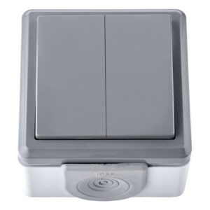 Выключатель 2 клав. (открытый, 10А, струезащ.) серый, Пралеска Аква, BYLECTRICA