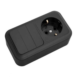 Блок выкл. 3 клав. + розетка (открытая, с/з) черный, Пралеска, BYLECTRICA