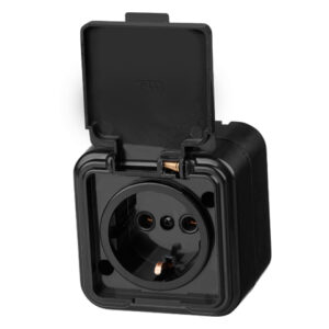 Розетка 1-ая (открытая, с/з, брызг. защ.) черная, Стандарт, Юпитер