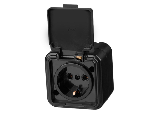 Розетка 1-ая (открытая, с/з, брызг. защ.) черная, Стандарт, Юпитер