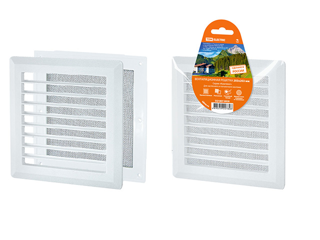 Решетка вентиляционная разъемная с москитной сеткой, прямые жалюзи, 203х203 TDM