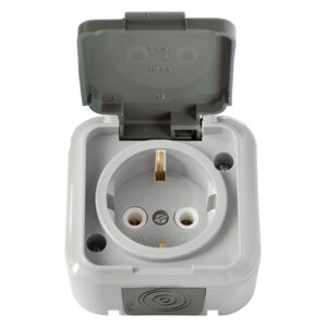 Розетка 1-ая (открытая, с/з, брызг. защ.) серая, Пралеска Аква, Bylectrica