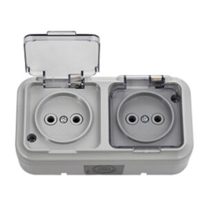 Розетка 2-ая (открытая, б/з, брызг. защ.) серая, Пралеска Аква, Bylectrica