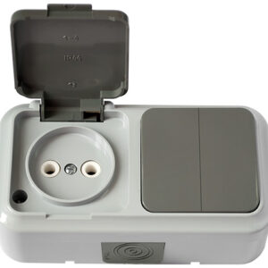 Блок выкл. 2 клав. + розетка (открытая, б/з, брызг. защ.) серая, Пралеска Аква, Bylectrica