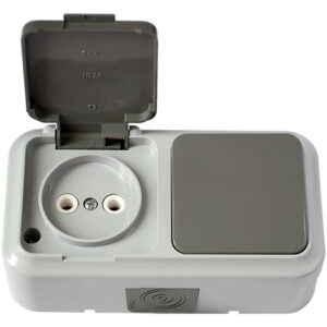 Блок выкл. 1 клав. + розетка (открытая, б/з, брызг. защ.) серая, Пралеска Аква, Bylectrica