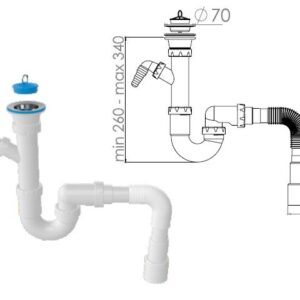 Сифон для кухни прямоточный с выпуском 70мм, с гибкой трубой 1 1/2" - 40/50мм, AV Engineering