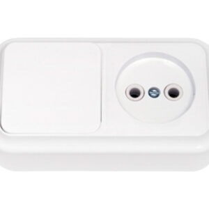 Блок выкл. 1 клав. + розетка (открытая, б/з) белая, Пралеска, BYLECTRICA