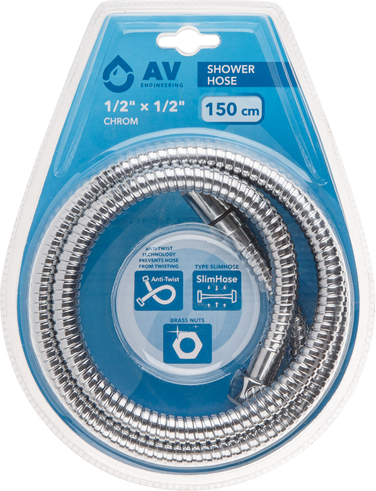Шланг душевой SUS/EPDM, 1/2" г-г 150 см, хром, anti-twist, AV Engineering