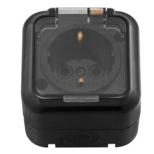 Розетка 1-ая (открытая, с/з, брызг. защ.) черная, Пралеска Аква, Bylectrica