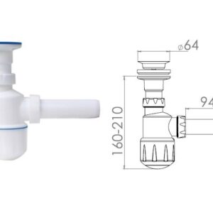 Сифон для умывальника, выпуск 64мм, с отводом 32мм, AV Engineering