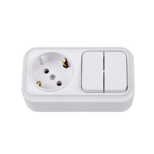 Блок выкл. 2 клав. + розетка (открытая, с/з) белая, Вариант, Bylectrica