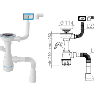 Сифон для кухни с прямоугольным переливом , выпуск 3 1/2, с гибкой трубой 1 1/2" - 40/50мм, AV Engin