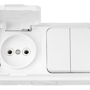 Блок выкл. 2 клав. + розетка (открытая, б/з, брызг. защ.) белая, Пралеска Аква, Bylectrica