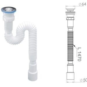 Сифон 1 1/2"х40/50 гофрированный (удлинённый), выпуск 64мм, AV Engineering