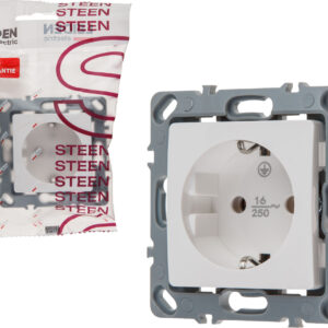 Розетка 1-ая (скрытая, механизм, шторки, с/з) белая, Steen, LEIDEN ELECTRIC