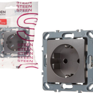 Розетка 1-ая (скрытая, механизм, шторки, с/з) алюминий, Steen, LEIDEN ELECTRIC