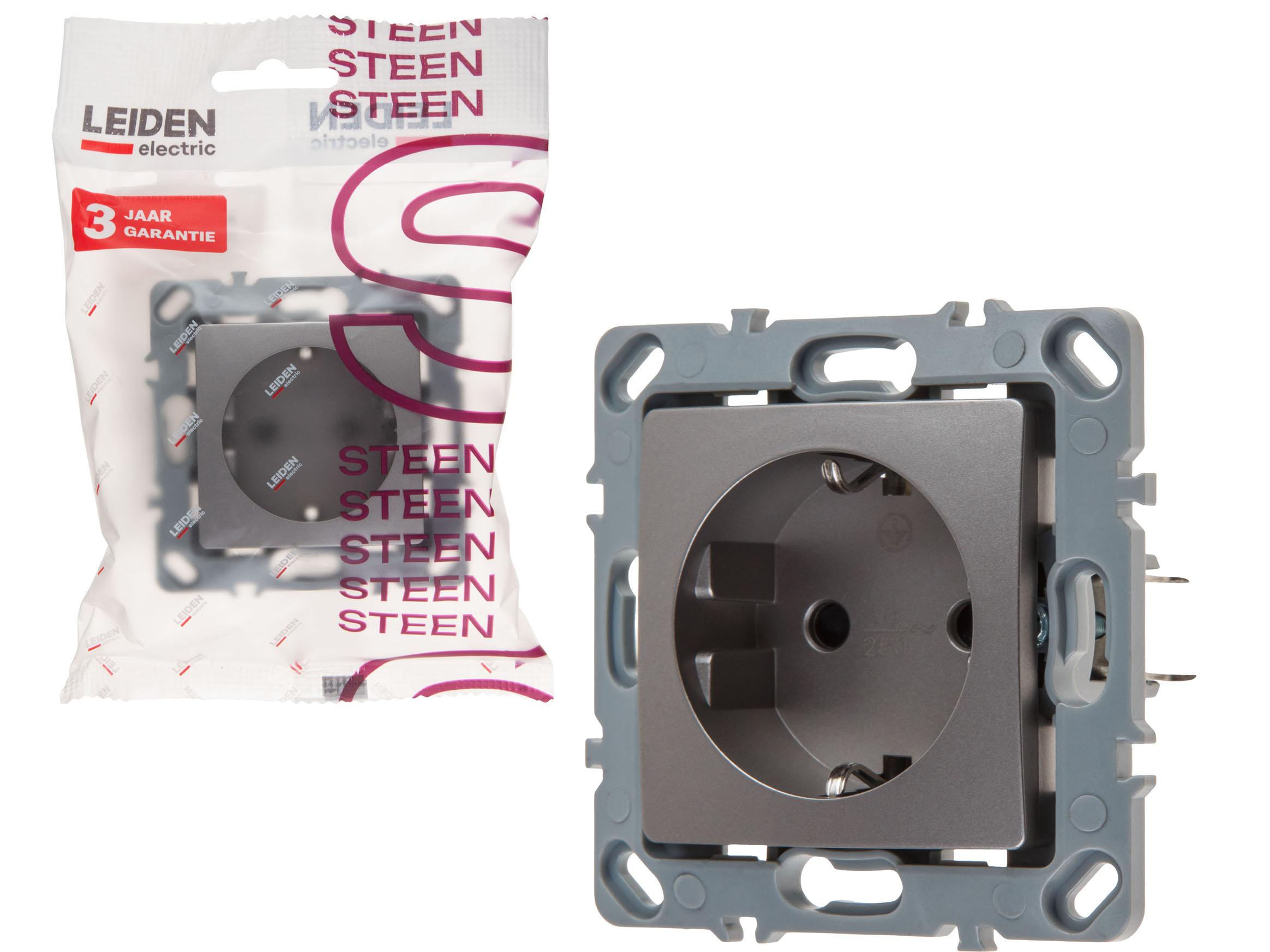 Розетка 1-ая (скрытая, механизм, шторки, с/з) алюминий, Steen, LEIDEN ELECTRIC