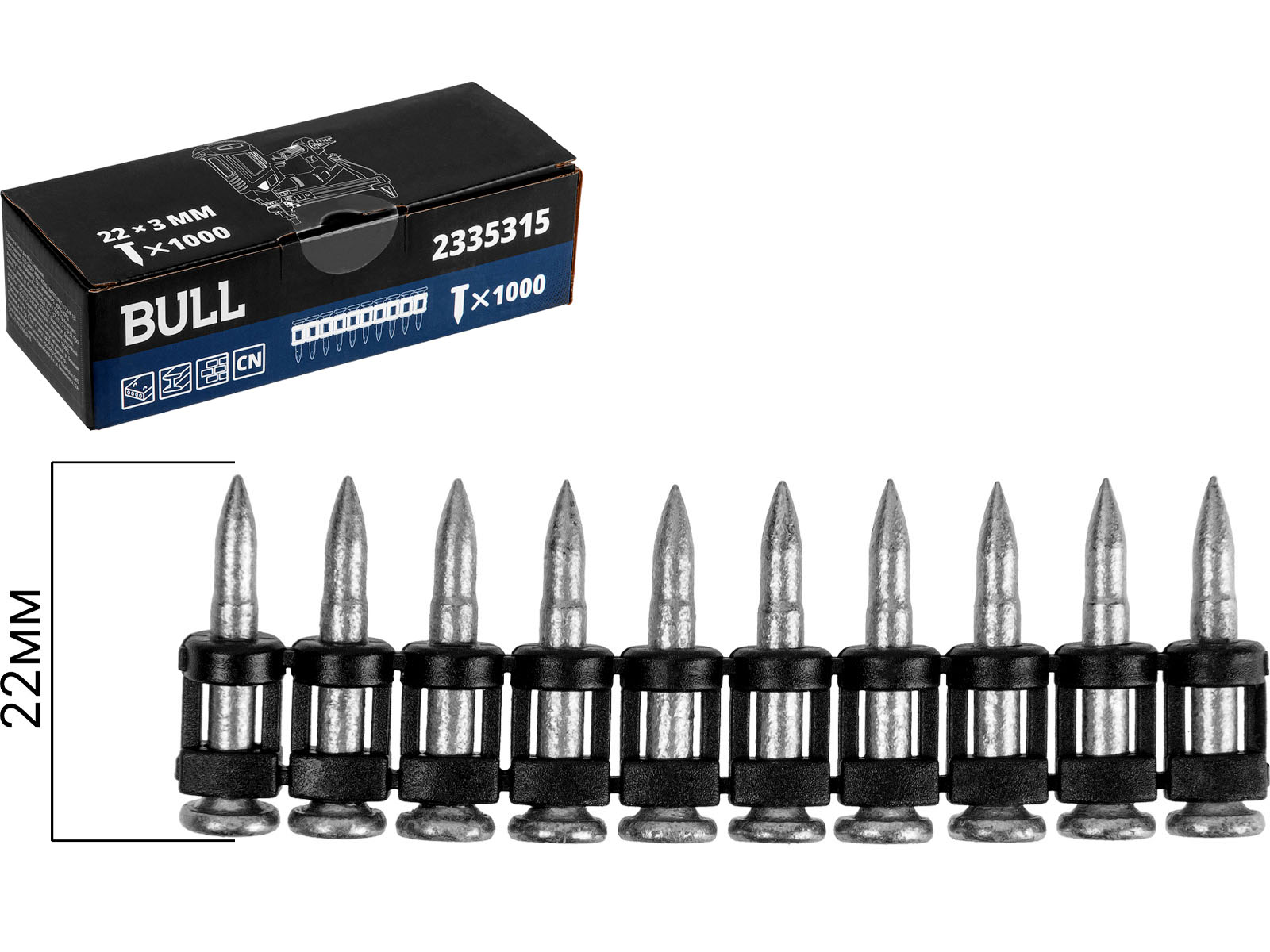 Гвоздь по бетону для монт. пистолета в ленте 3х22 мм BULL (1000 шт. в уп.) гальванизированные
